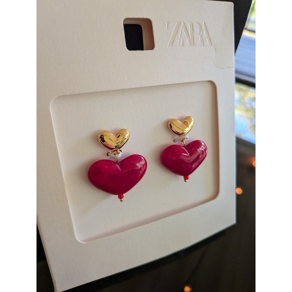 ZARA Earrings Womens Double Heart Dangle Polished Golden Metal Red Glass Classic
